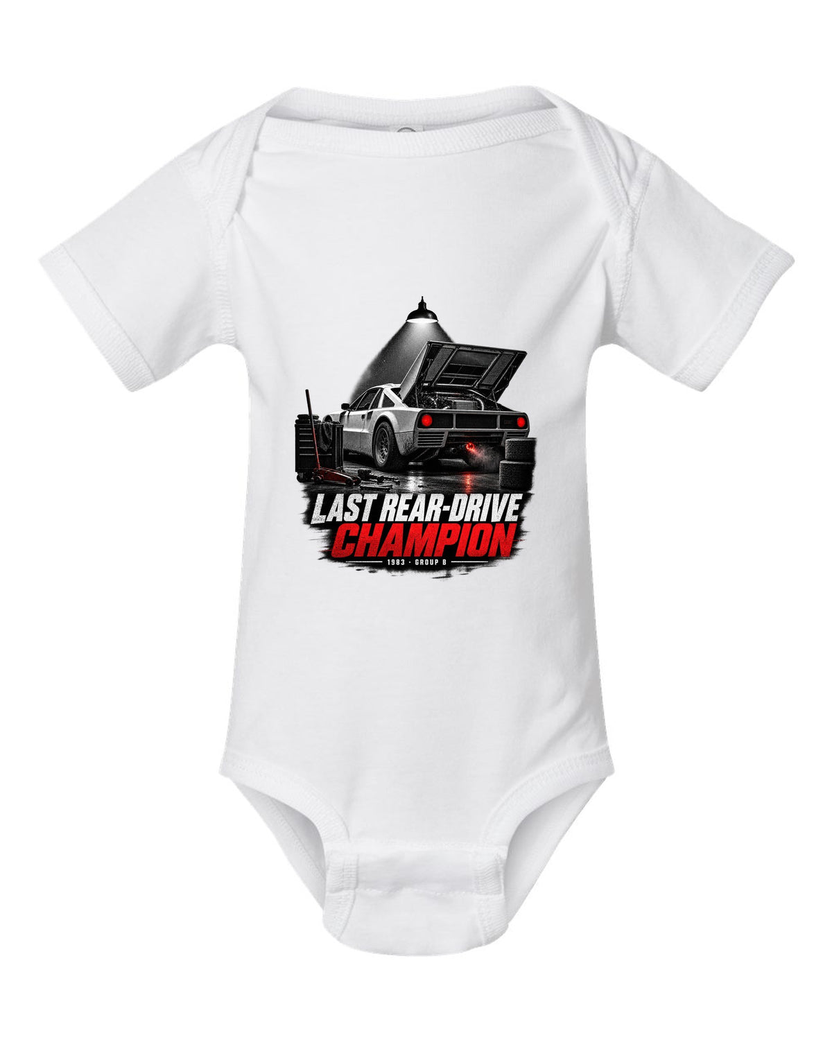 Garage night print of a Lancia Rally 037 with Last Rear-Drive Champion text white baby onesie front view with the design