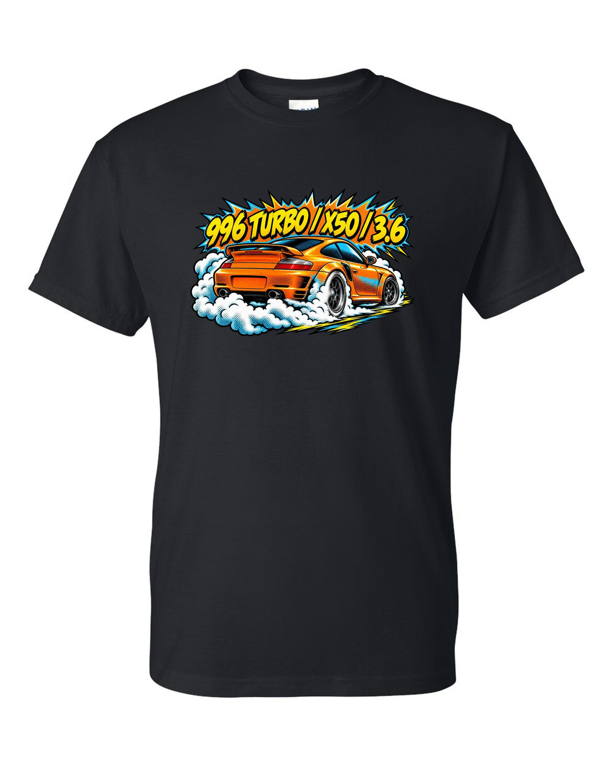 Porsche 996 Turbo comic halftone burnout burst design with X50 lettering black t-shirt front view with the design