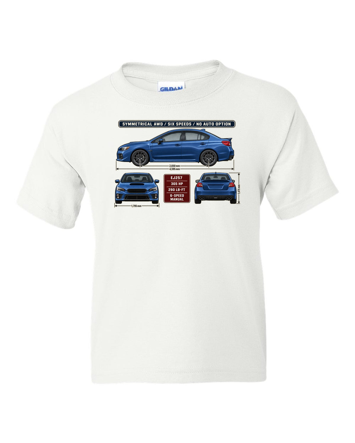 Subaru WRX STI VA graphite sedan three-view drawing with red accent white kids tee front view with the design