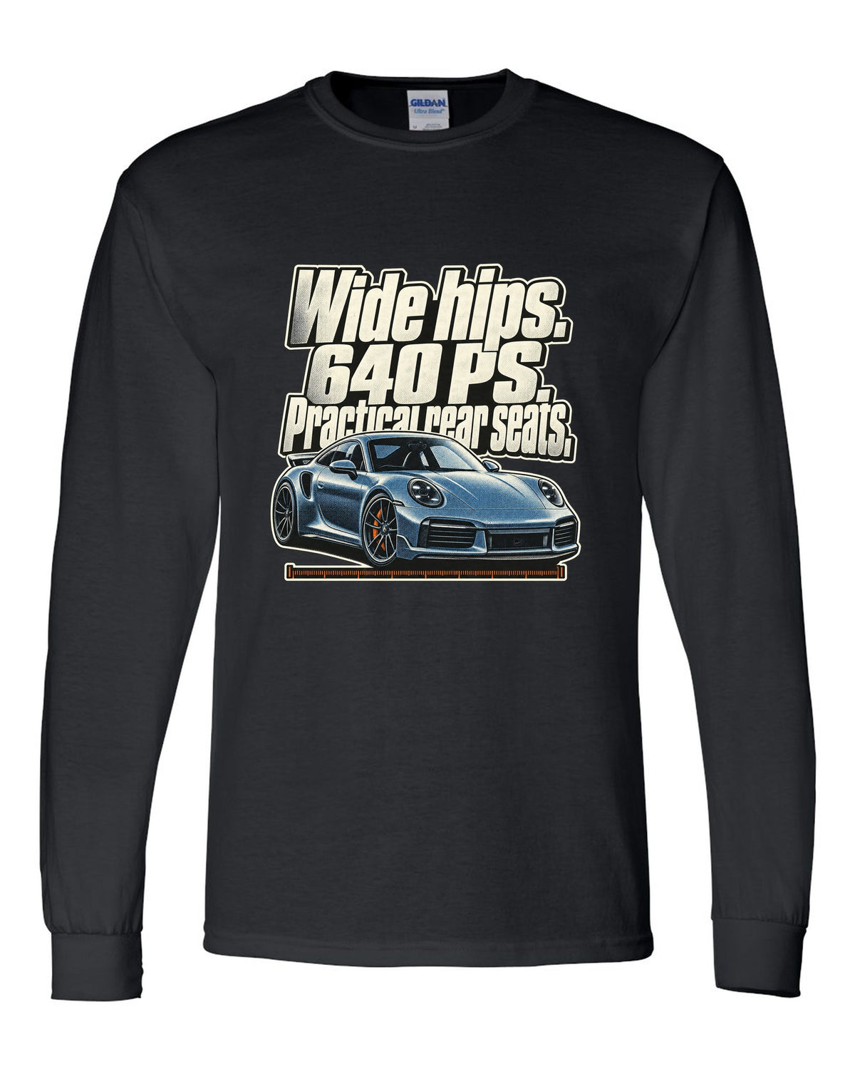 Halftone print of a Porsche 911 Turbo S 992 coupe with a three-line statement black long sleeve front view with the design