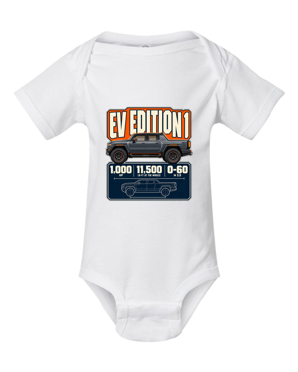 Spec poster print of the Hummer EV Edition 1 with horsepower and torque figures white baby onesie front view with the design