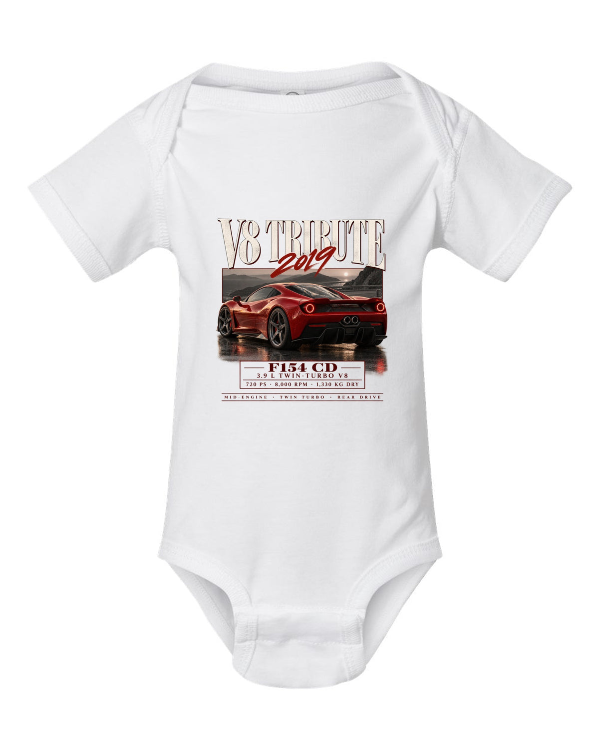 Archive panel print of a Ferrari F8 Tributo listing 3.9 L twin-turbo V8, 720 PS and 1,330 kg dry white baby onesie front view with the design
