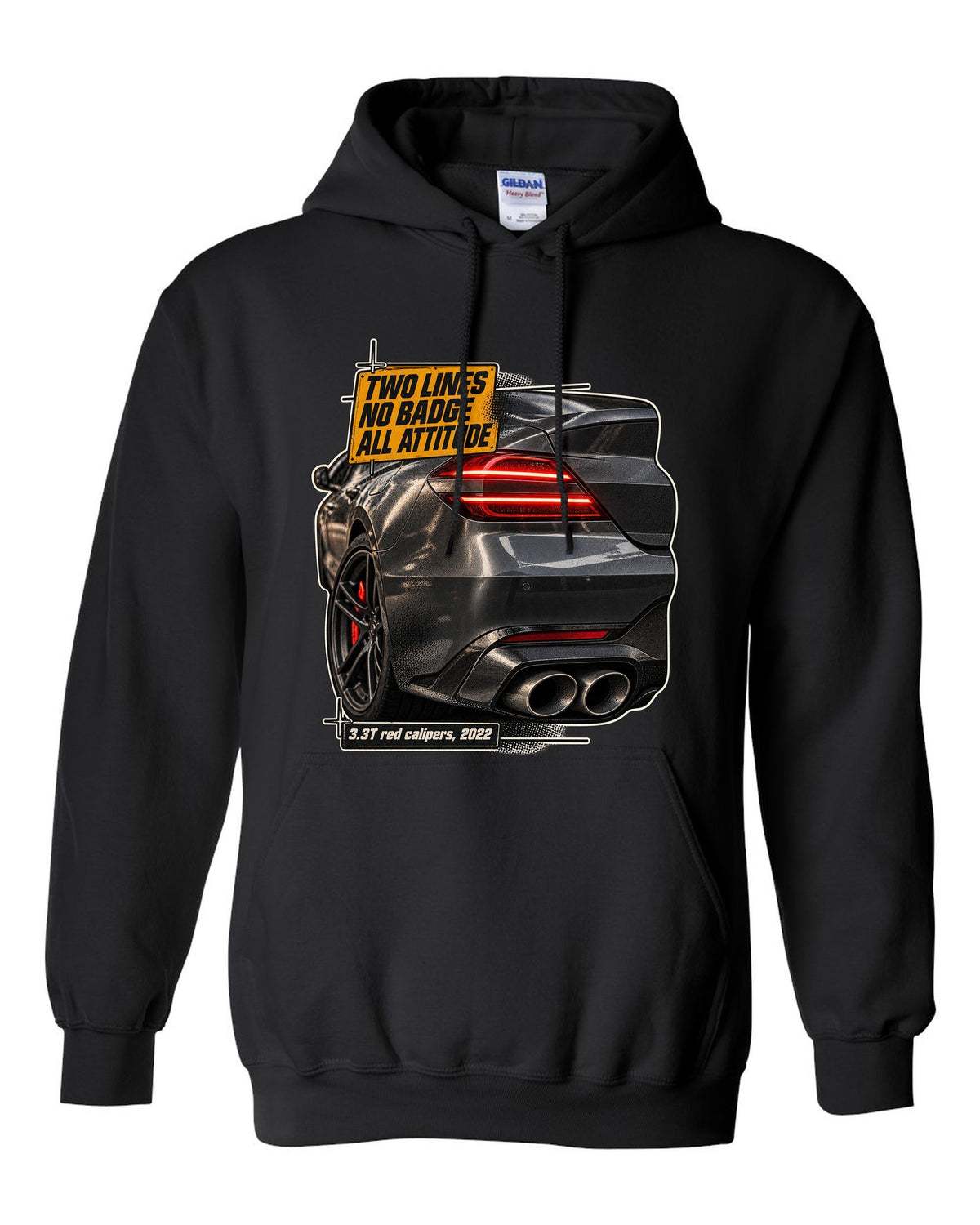 Taillight macro print of the Genesis G70 3.3T rear with two light lines black pull over hoodie front view with the design