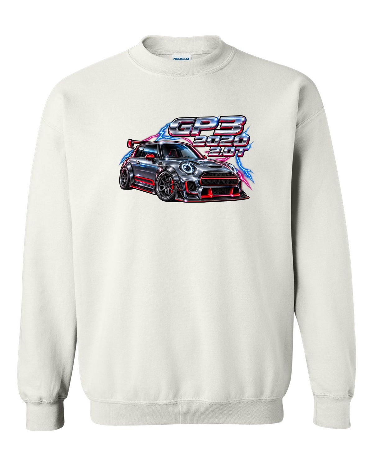 80s airbrush chrome artwork of the Mini JCW GP F56 GP3 white crewneck front view with the design