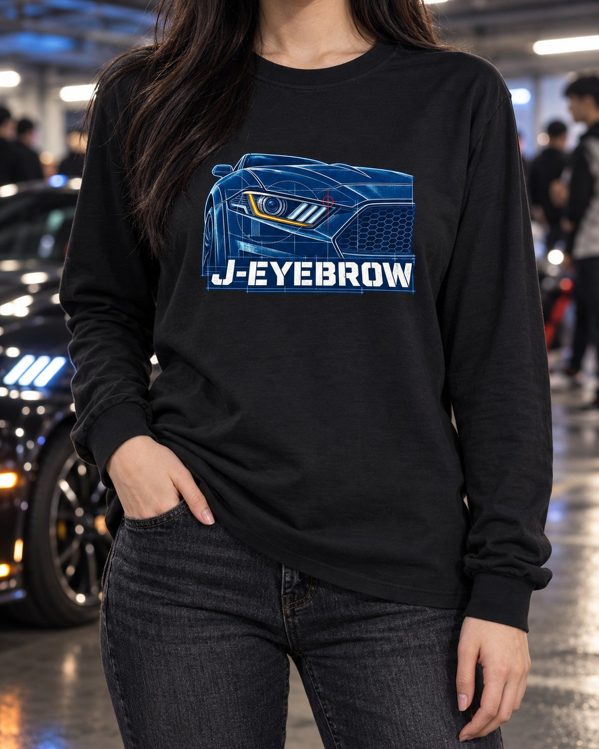 S550 Mustang Fastback J-Eyebrow Cyanotype Blueprint Shirt Long Sleeve Black worn hero