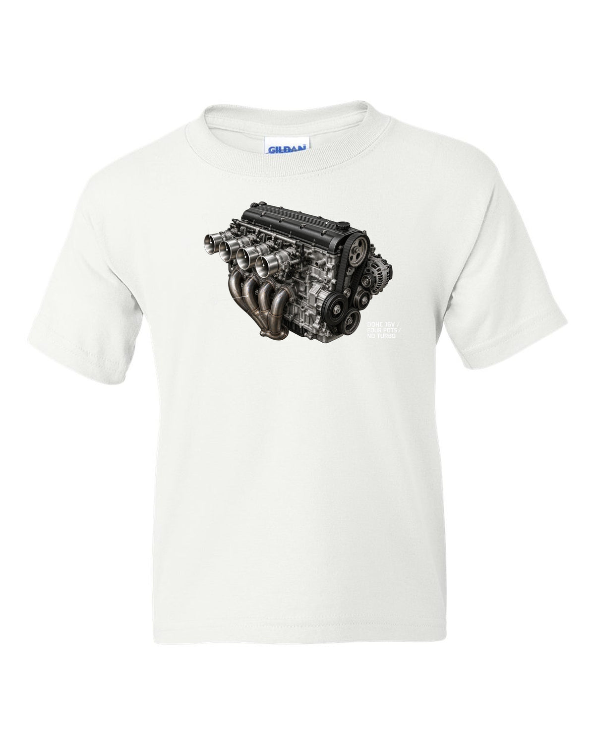 BMW E30 M3 S14 engine hero print labelled DOHC 16V four pots no turbo white kids tee front view with the design