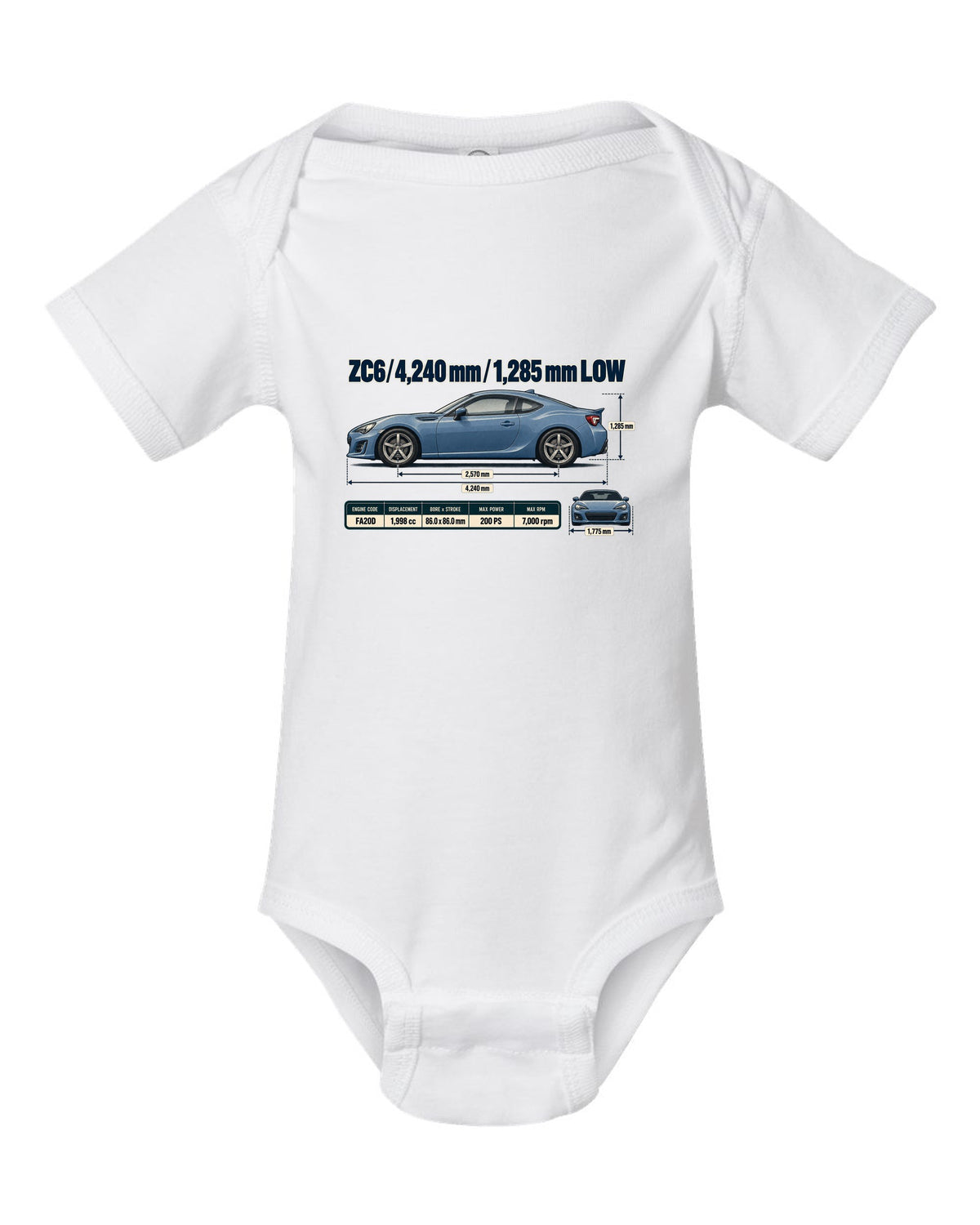 Blueprint-style dimension drawing of a Subaru BRZ ZC6 with length and height callouts white baby onesie front view with the design