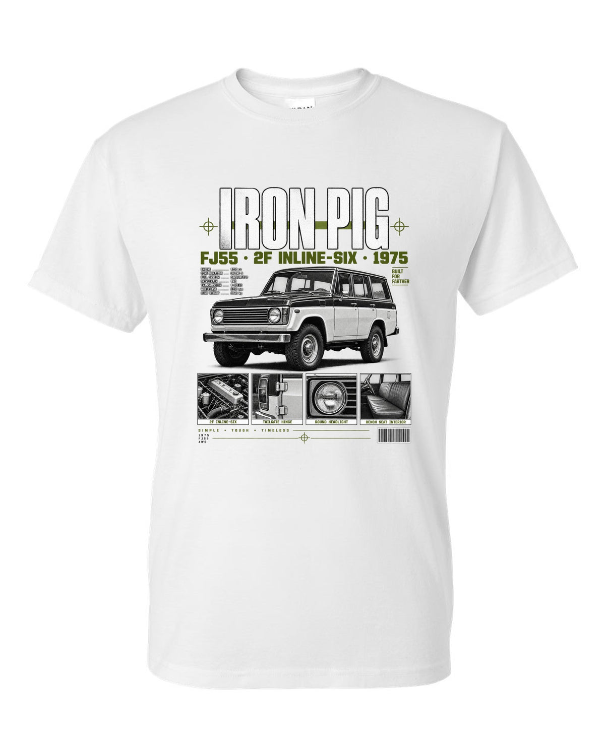 Dossier panel print of a Toyota Land Cruiser FJ55 wagon with Iron Pig and 2F text white t-shirt front view with the design