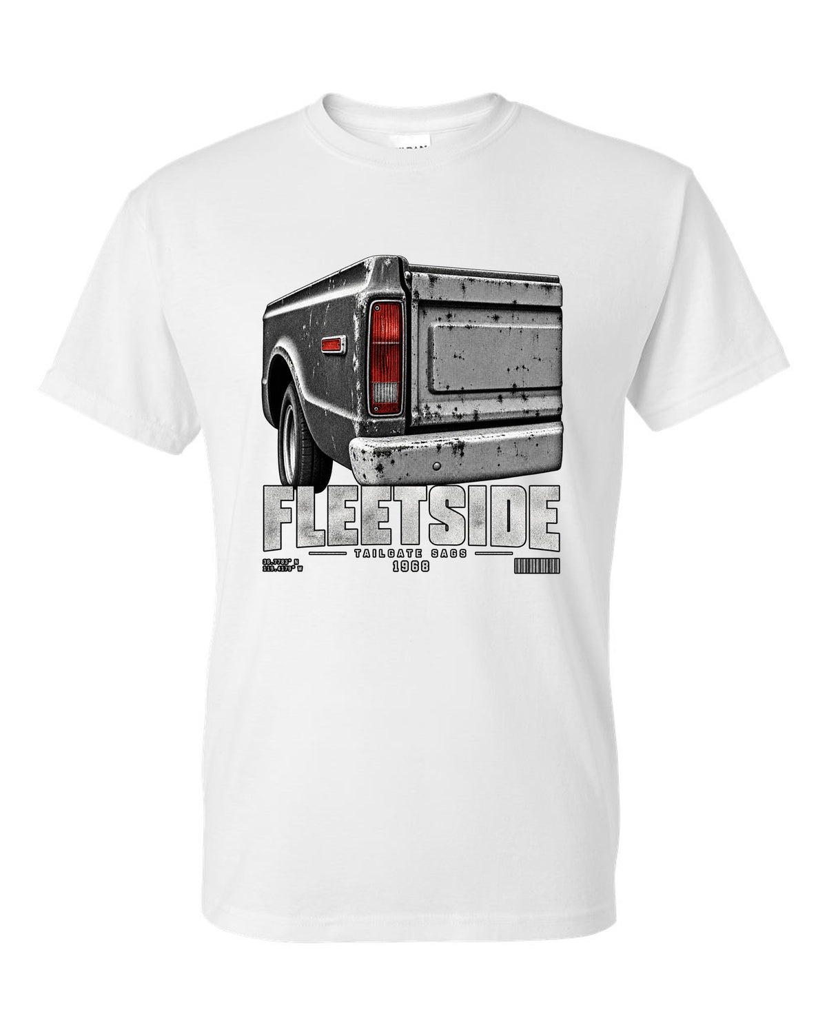 Close-up of a 1968 Chevy C10 Fleetside taillight and tailgate, print white t-shirt front view with the design