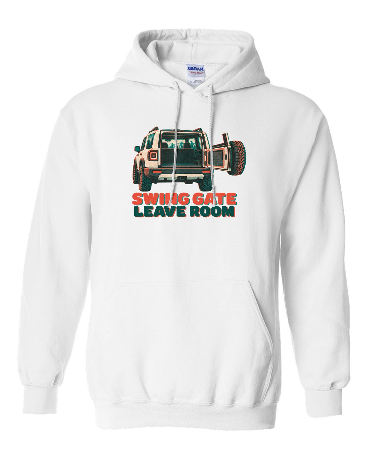 Risograph-style rear view of a Land Rover Defender L663 110 with spare wheel on the swing gate white pull over hoodie front view with the design