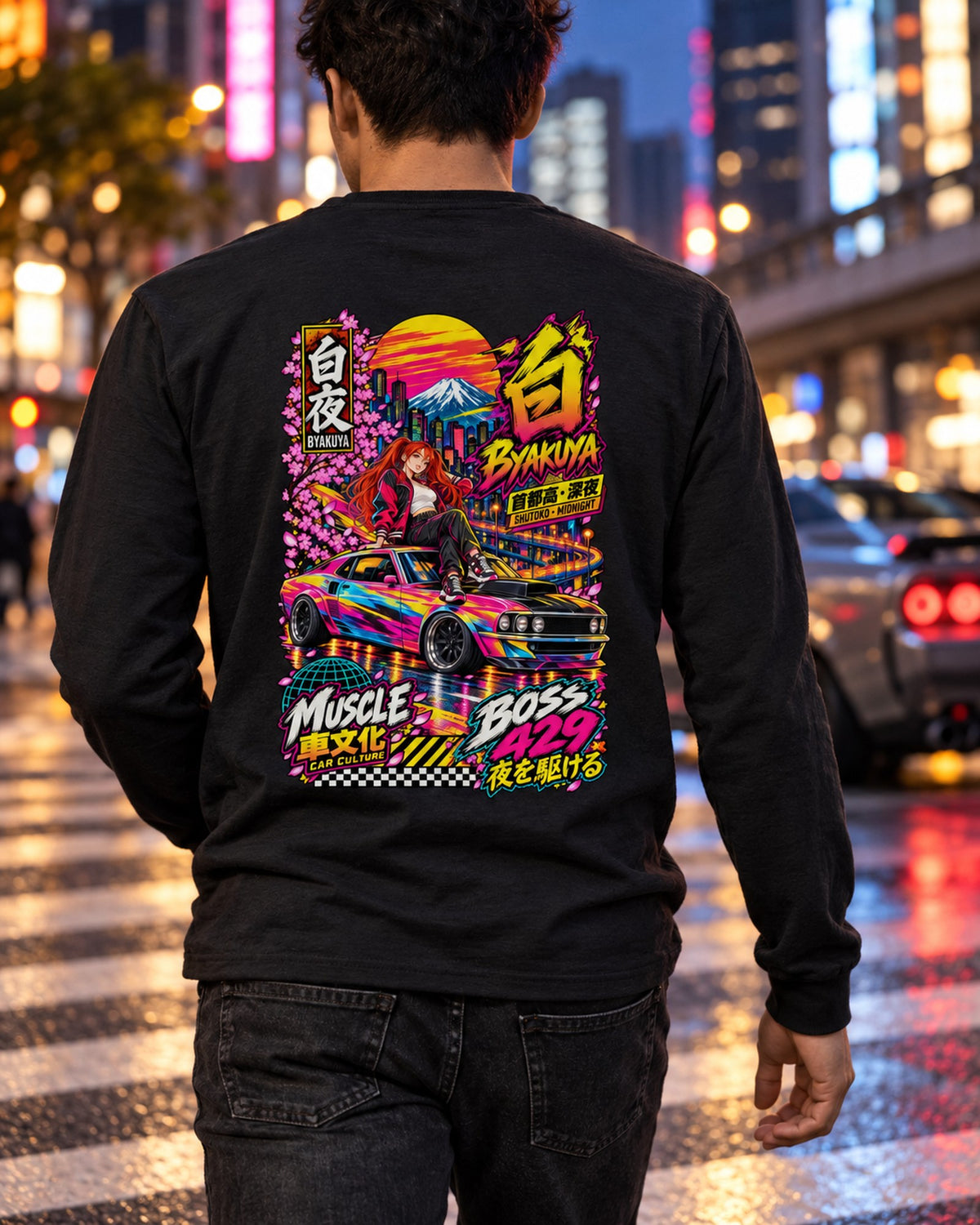 BYAKUYA BOSS 429 Anime Girl Full-Back Graphic Tee Long Sleeve Black worn hero