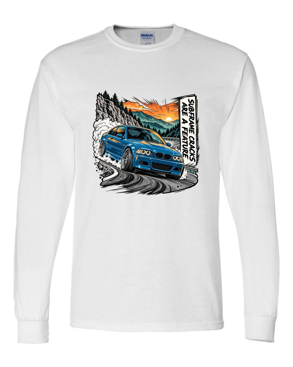 Retro manga halftone panel illustration of a BMW E46 M3 coupe on a mountain pass white long sleeve front view with the design