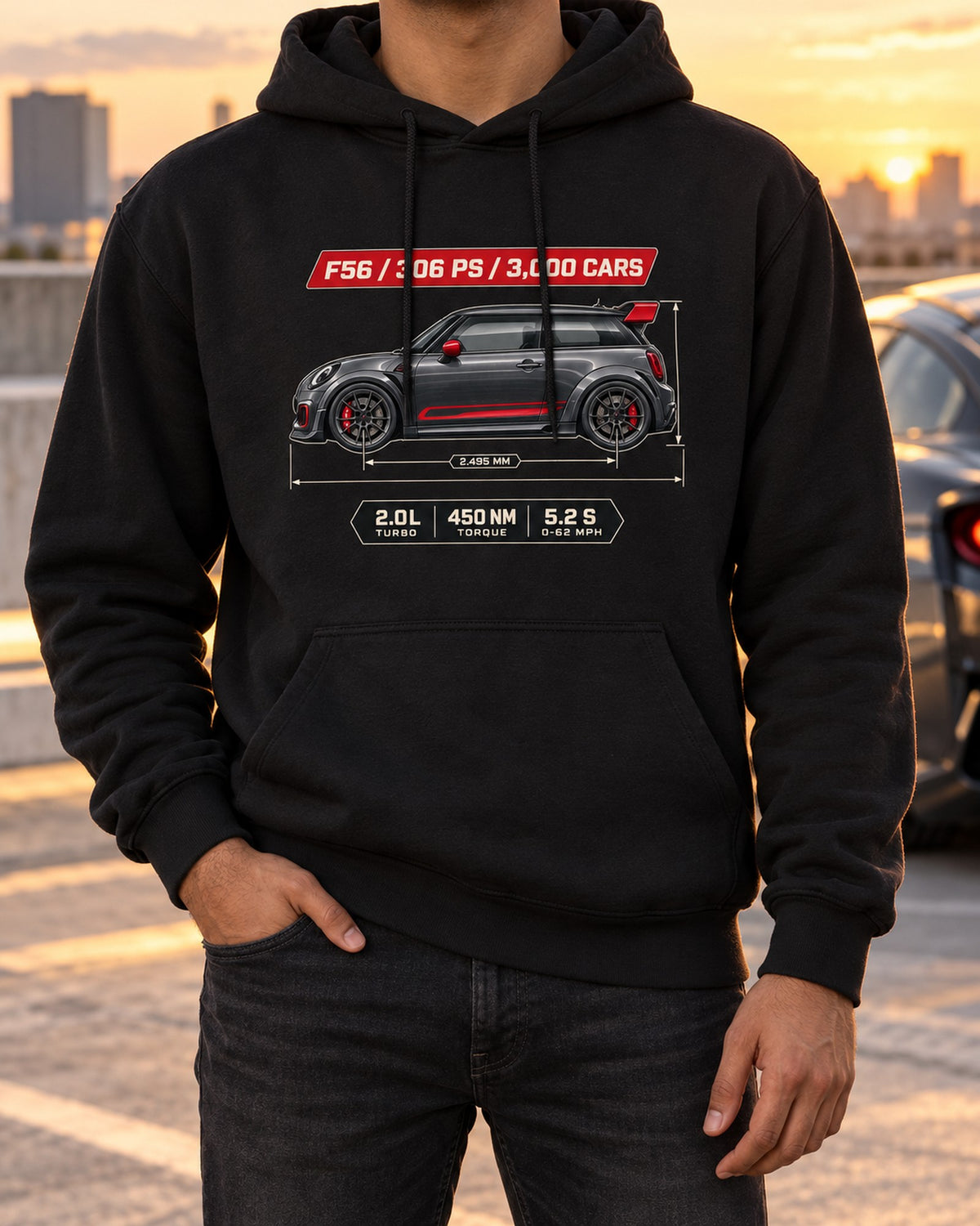Mini JCW GP F56 2020 Blueprint Shirt, 3,000 Cars, 306 PS Pull Over Hoodie Black worn hero