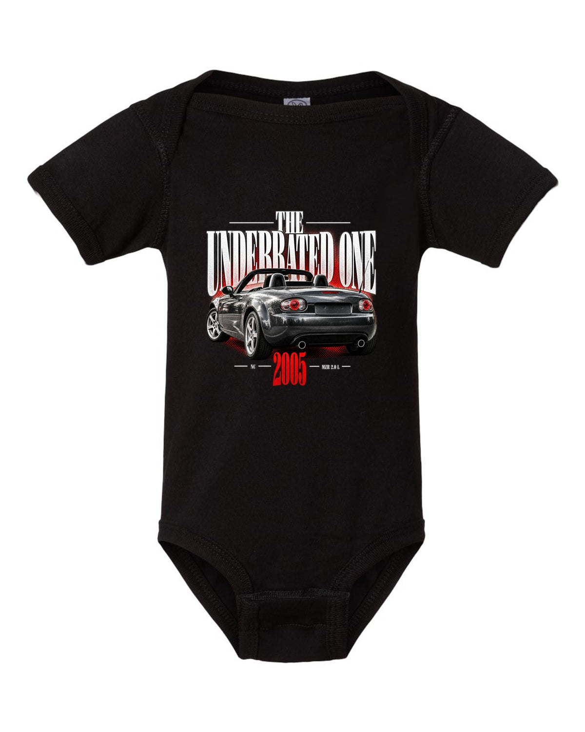 Editorial headline print of a Mazda MX-5 NC with underrated generation lettering black baby onesie front view with the design