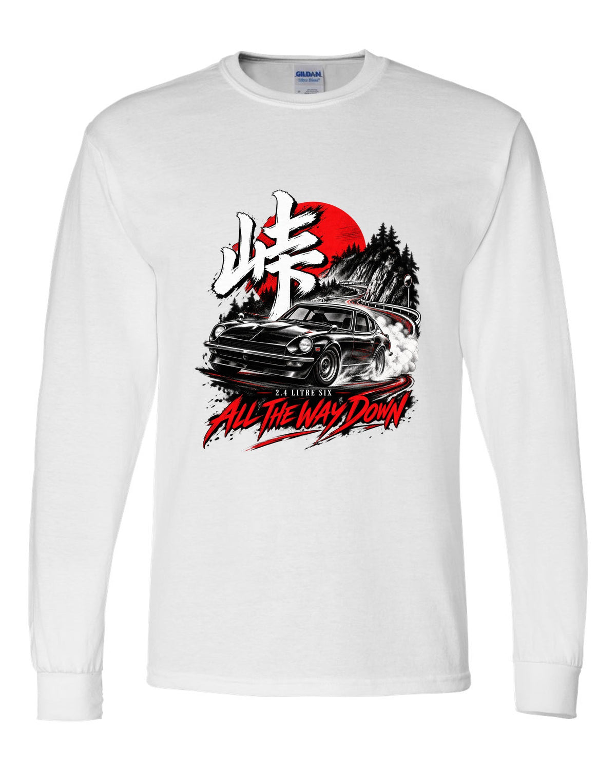 print of a 1971 Datsun 240Z HLS30 sliding downhill at night with touge kanji white long sleeve front view with the design