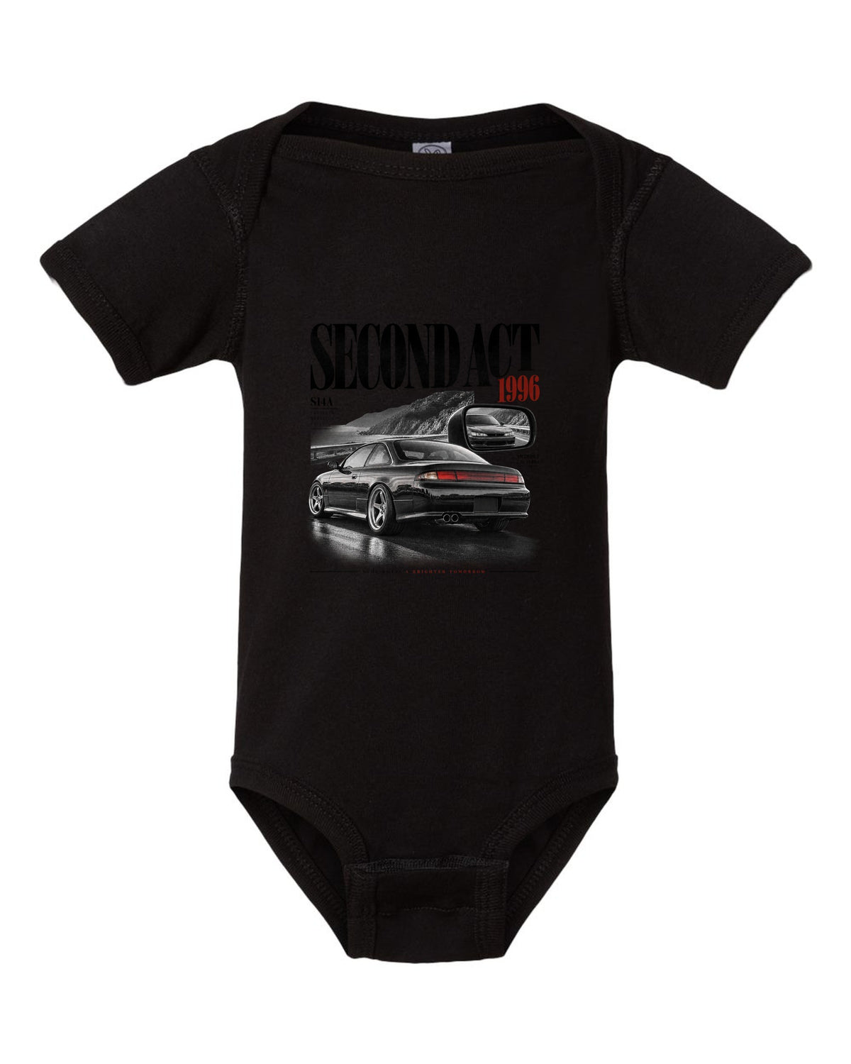 Editorial headline layout of a Nissan Silvia S14 kouki with Second Act, 1996 and projector headlights lettering black baby onesie front view with the design