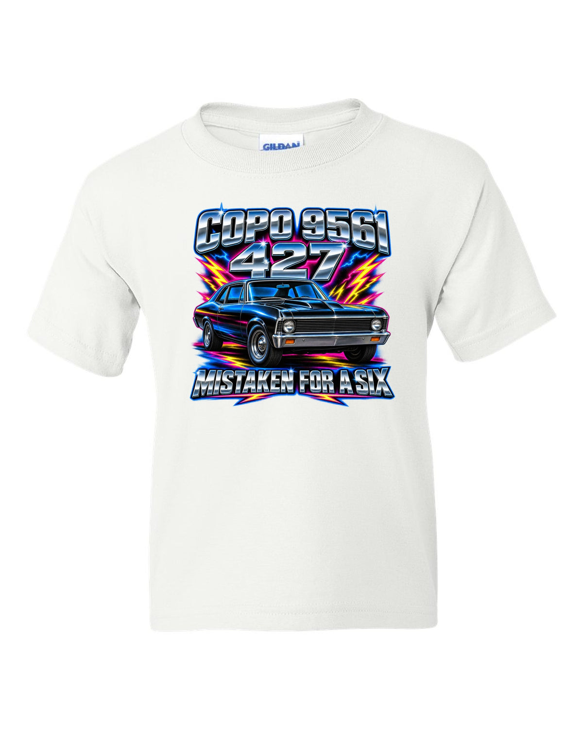 Airbrush chrome print of a 1969 Chevrolet Nova SS 427 with the text COPO 9561, 427, Mistaken for a Six white kids tee front view with the design