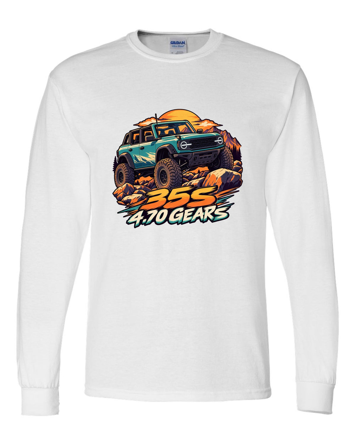 Ford Bronco 6G four-door Sasquatch in a cel-shaded anime print white long sleeve front view with the design