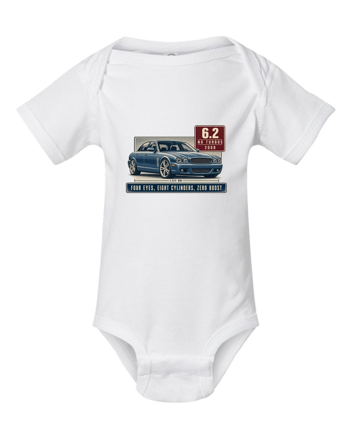 Editorial headline print of a silver-blue Mercedes-AMG E63 W212 pre-facelift white baby onesie front view with the design