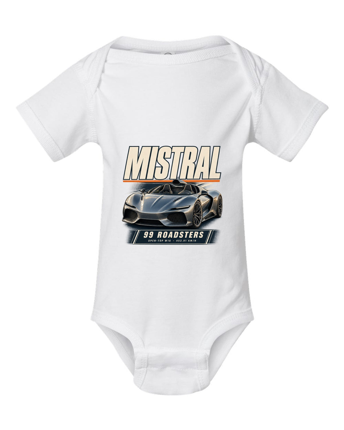 Editorial headline poster of the Bugatti Mistral open-top roadster, print white baby onesie front view with the design