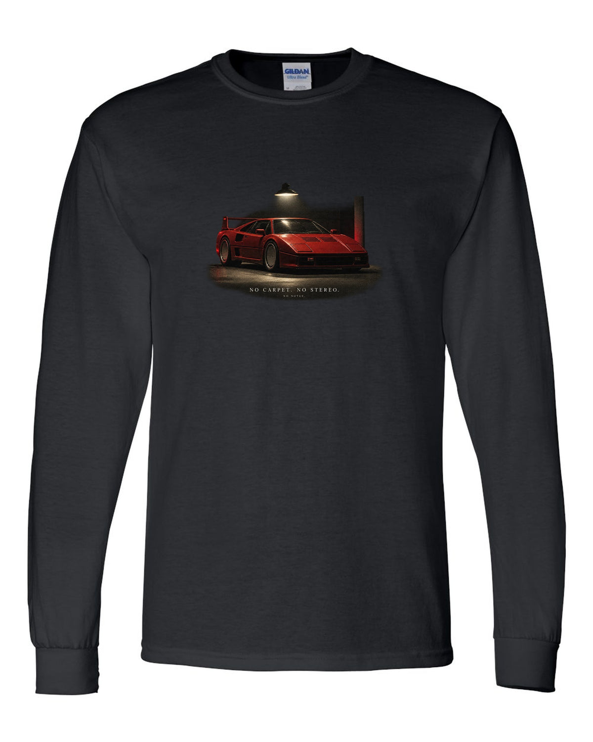 Ferrari F40 1987 front three-quarter at night, print: no carpet, no stereo, no notes black long sleeve front view with the design