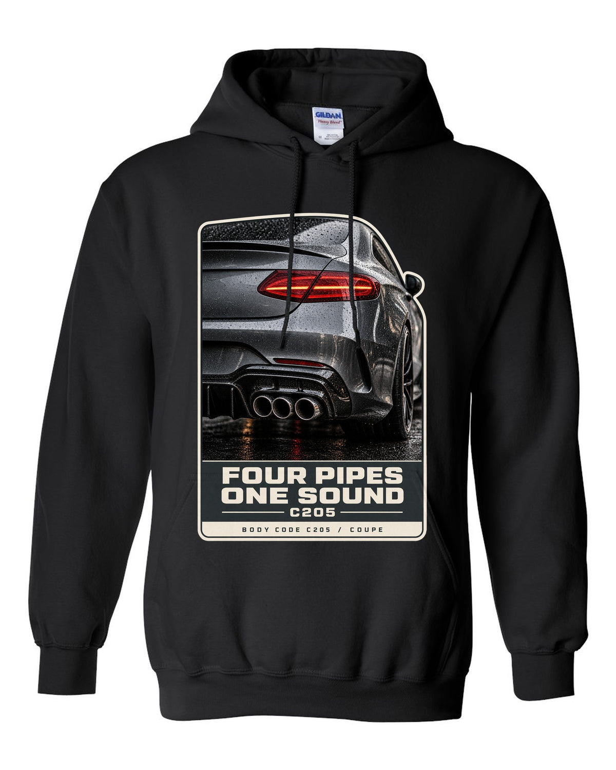 Mercedes-AMG C63 Coupe C205 rear taillight and four-pipe exhaust macro black pull over hoodie front view with the design