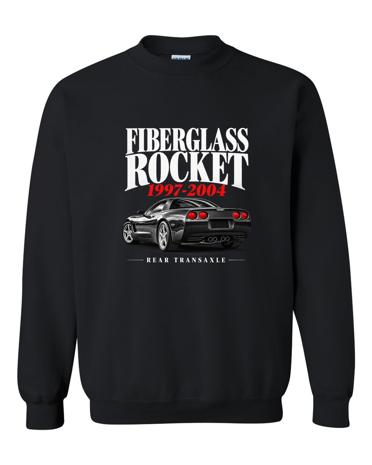 Corvette C5 coupe editorial headline print with rear transaxle text black crewneck front view with the design