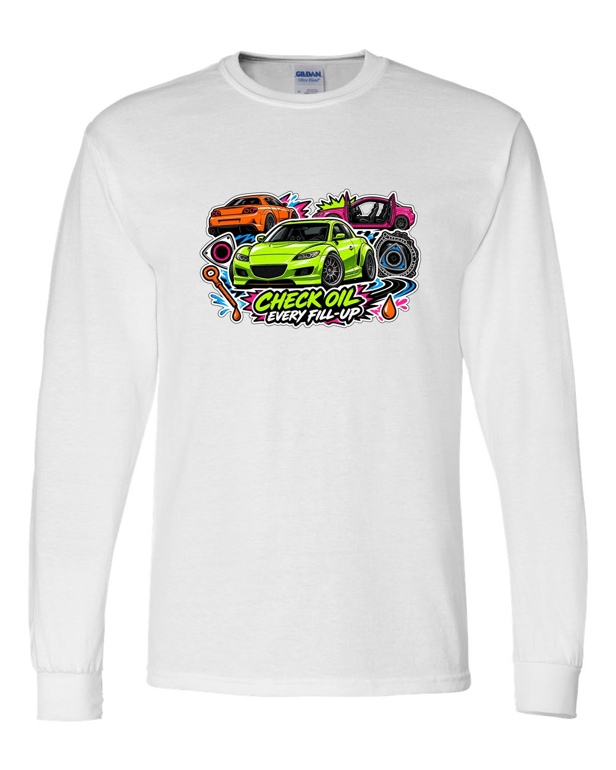Retro synthwave sunset grid design for the Mazda RX-8 Renesis with 15 MPG ON A GOOD DAY lettering white long sleeve front view with the design