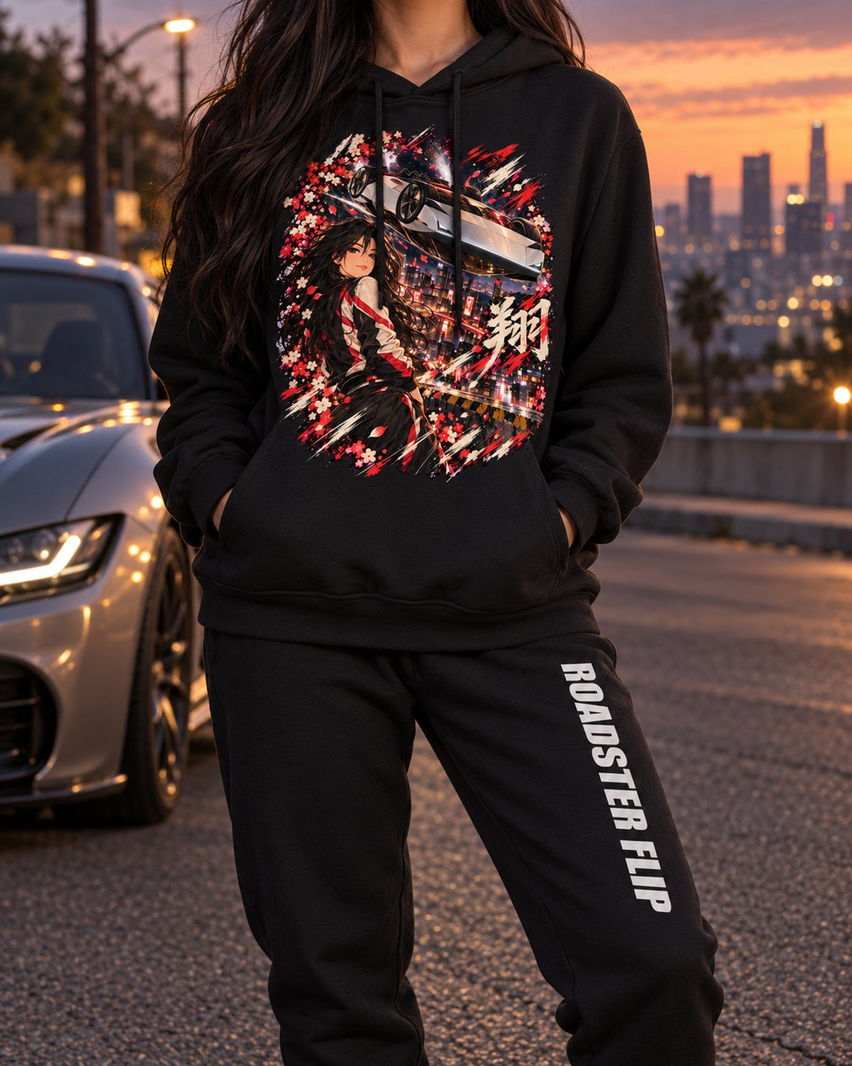 Tesla Roadster Flip Anime Girl Hoodie + Jogger Set Black worn hero