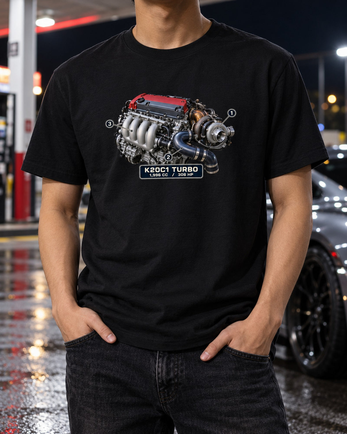 Honda Civic Type R FK8 K20C1 Engine Print Shirt, 306 HP Tee T-Shirt Black worn hero