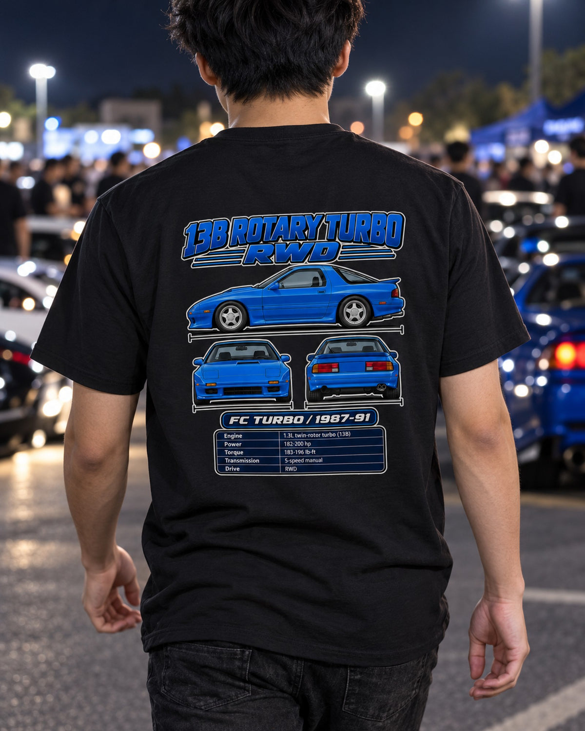 Mazda Rx 7 Fc Turbo Spec Sheet Full-Back Graphic Tee T-Shirt Black worn hero