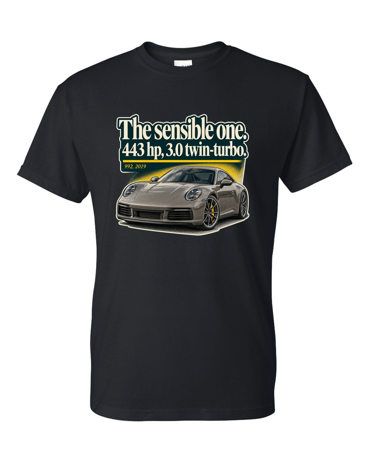 print of a Porsche 992 Carrera S coupe with an editorial headline layout black t-shirt front view with the design