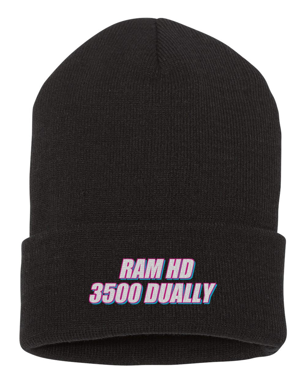 Ram Hd 3500 Dually black beanie front view with car name