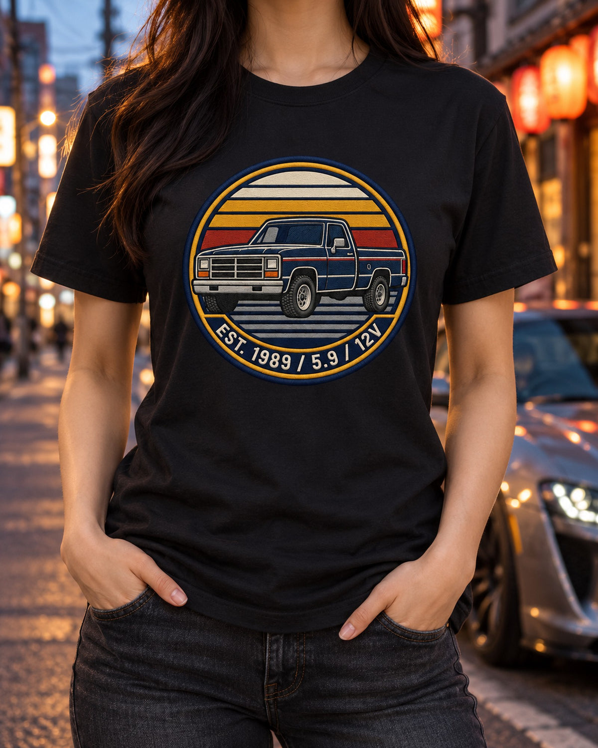 Dodge Ram 1st Gen D/W Series Grille Crest Shirt, Est. 1989 T-Shirt Black worn hero