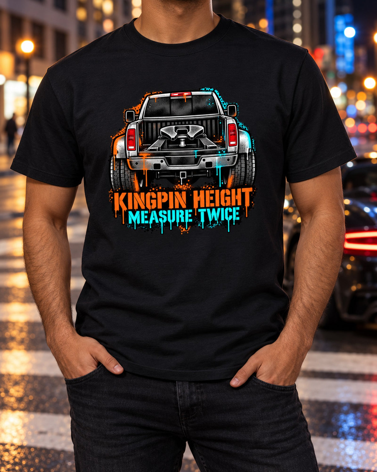 Fifth Wheel Kingpin Height Stencil Shirt, Ram 3500 6.7 Cummins T-Shirt Black worn hero