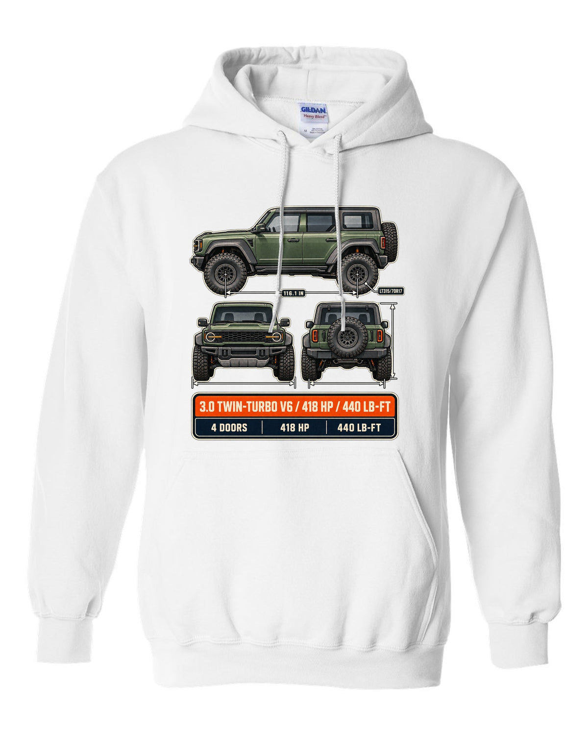 Ford Bronco Raptor three-view drawing with spec table print white pull over hoodie front view with the design