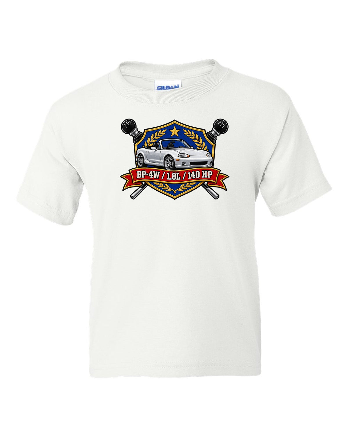 Embroidery-style shield crest of a Mazda MX-5 NB with BP-4W 1.8L 140 HP text white kids tee front view with the design