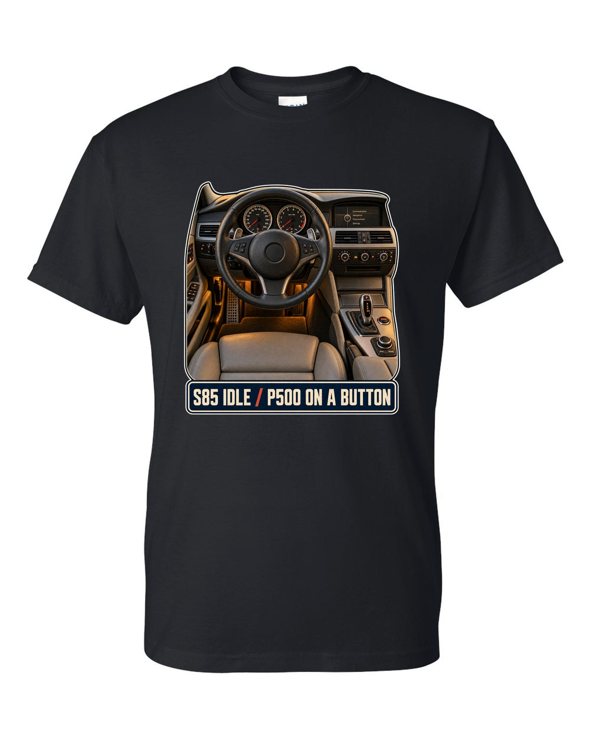 BMW M5 E60 interior cockpit and gauge print black t-shirt front view with the design