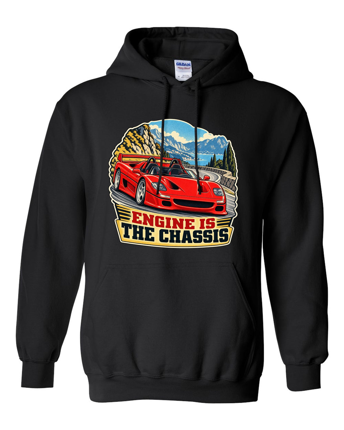 Retro race-programme print of a 1995 Ferrari F50 F130 with roof off on a mountain pass and engine is the chassis text black pull over hoodie front view with the design