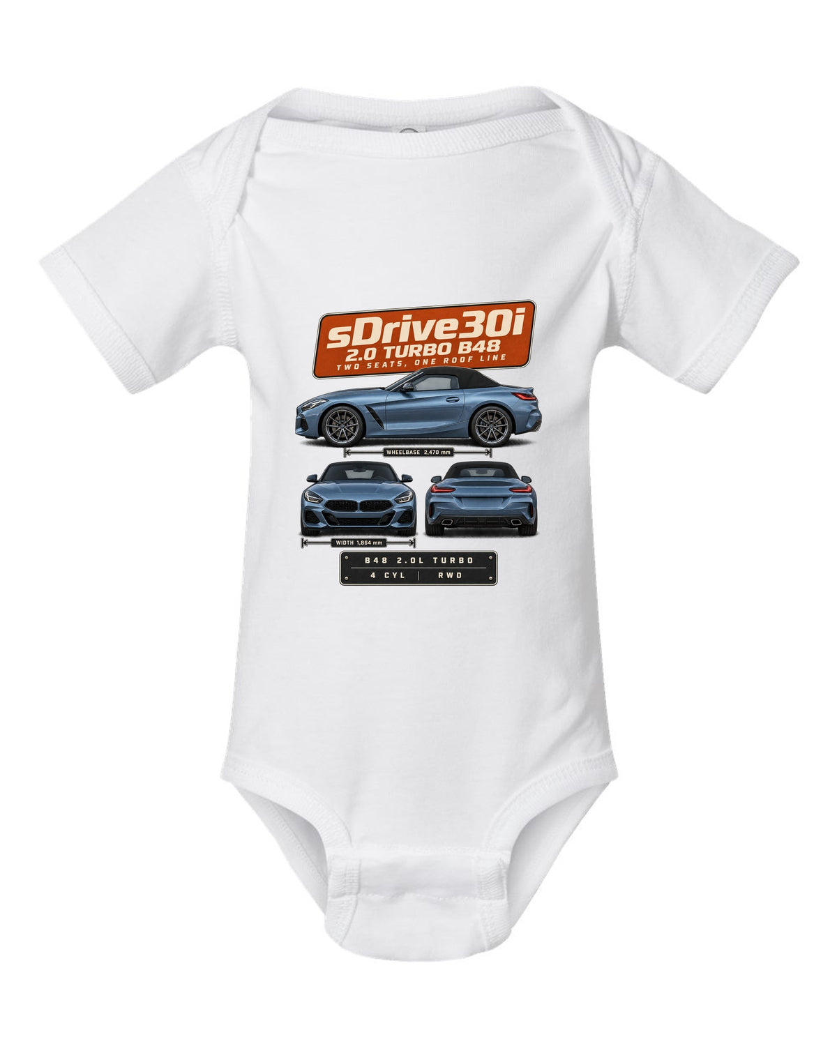 Three-view drawing and spec table print of the BMW Z4 sDrive30i G29 white baby onesie front view with the design
