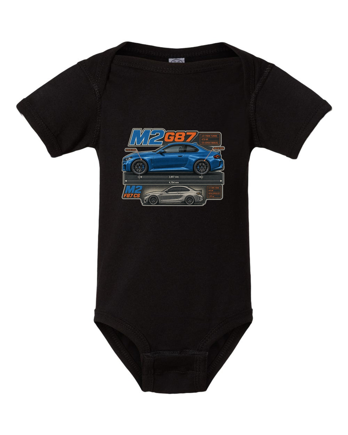 BMW M4 G82 coupe dimension blueprint print with 473 hp and six-speed manual black baby onesie front view with the design