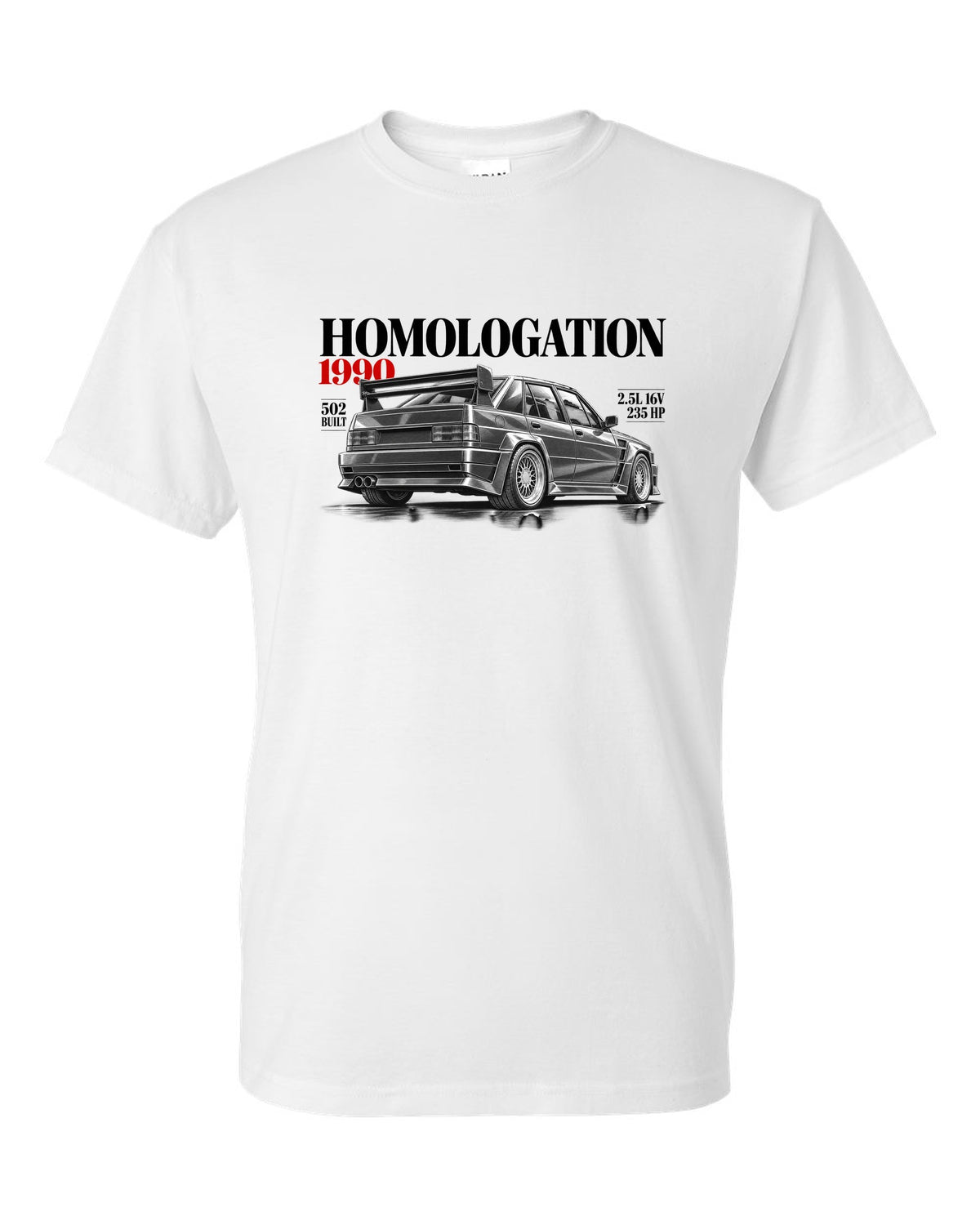 print editorial headline of a Mercedes 190E 2.5-16 Evolution II W201 with homologation 1990 502 built white t-shirt front view with the design