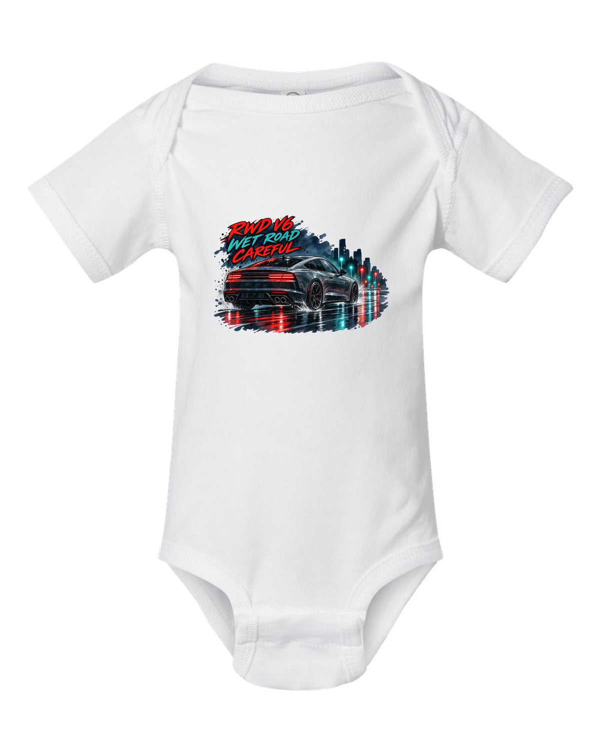Watercolour wet-road night print of a Kia Stinger GT CK with RWD V6 wet road careful text white baby onesie front view with the design