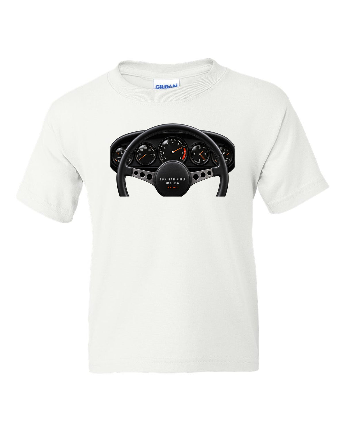 Cockpit gauge print of a Porsche 911 SC Targa with centre tachometer and the line Tach In The Middle Since 1964 white kids tee front view with the design