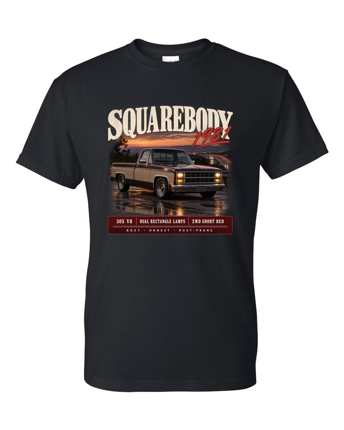 1981 Squarebody C10 Silverado archive panel print black t-shirt front view with the design