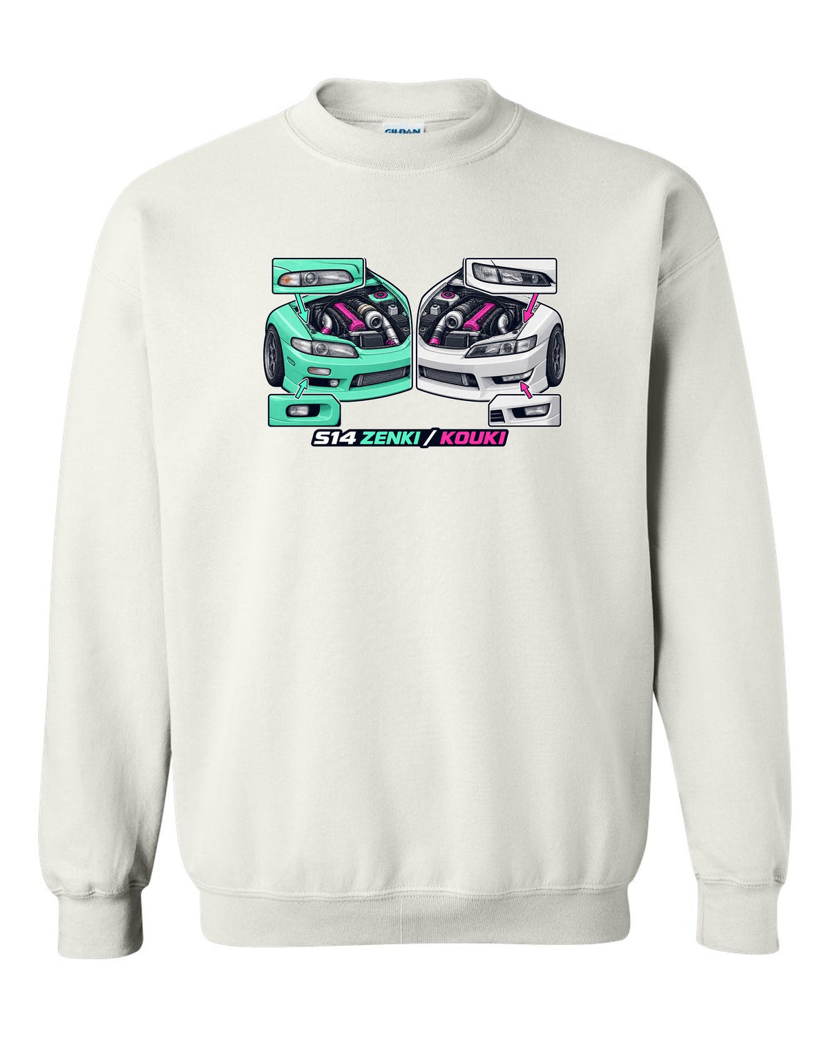 Isometric cutaway print of a 1993 Nissan Silvia S14 with Zenki and Kouki lettering white crewneck front view with the design