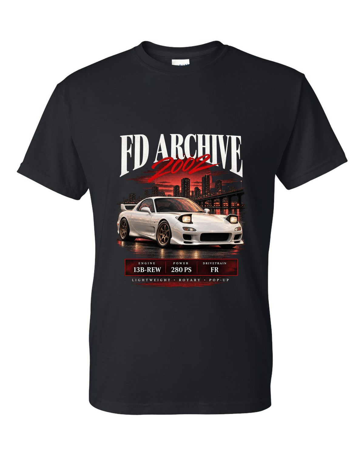 Archive panel print of the Mazda RX-7 FD3S Spirit R 2002 with spec lettering black t-shirt front view with the design