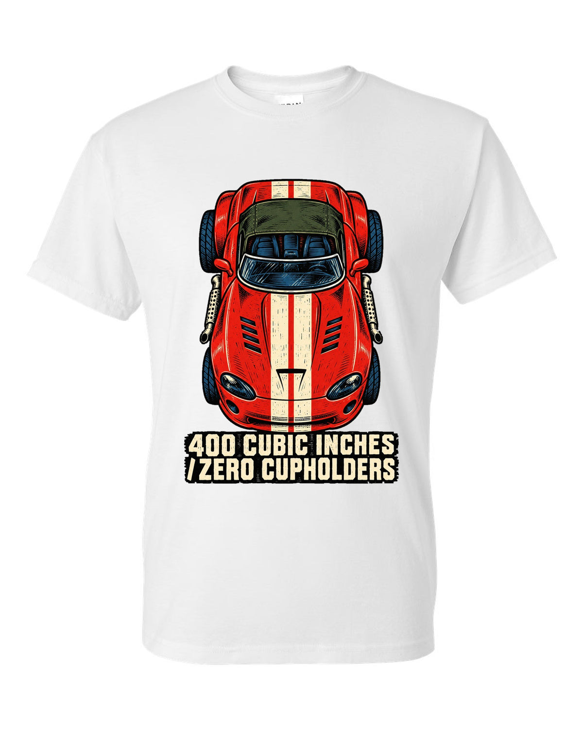 Four-ink linocut print of a 1993 Dodge Viper RT/10 with zero cupholders text white t-shirt front view with the design