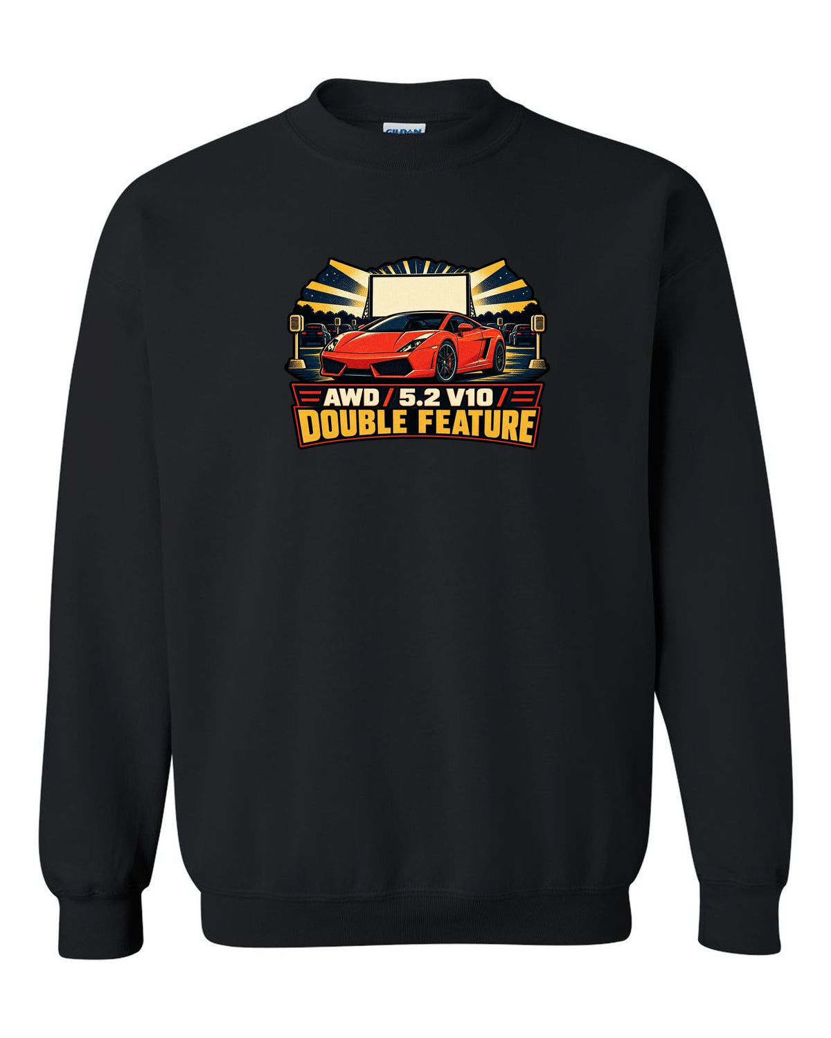Vintage race poster style design of a Lamborghini Gallardo LP560-4 with AWD and V10 text black crewneck front view with the design