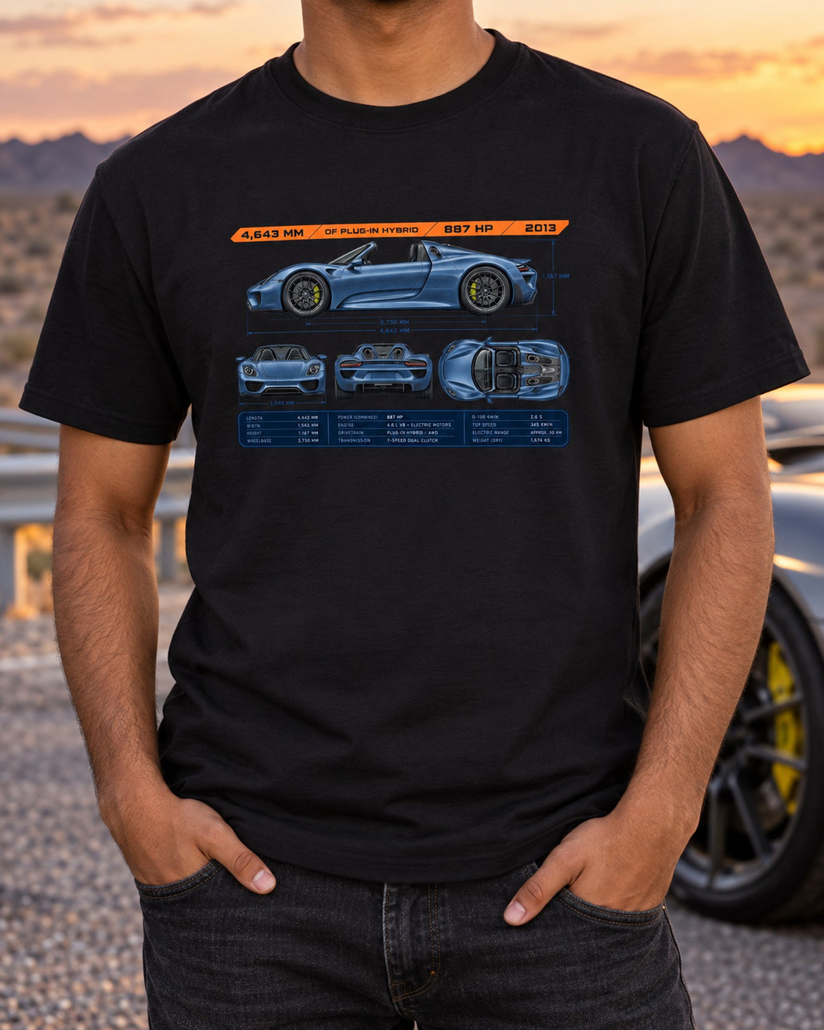 Porsche 918 Spyder Dimension Blueprint Tee, Hybrid Car Shirt T-Shirt Black worn hero